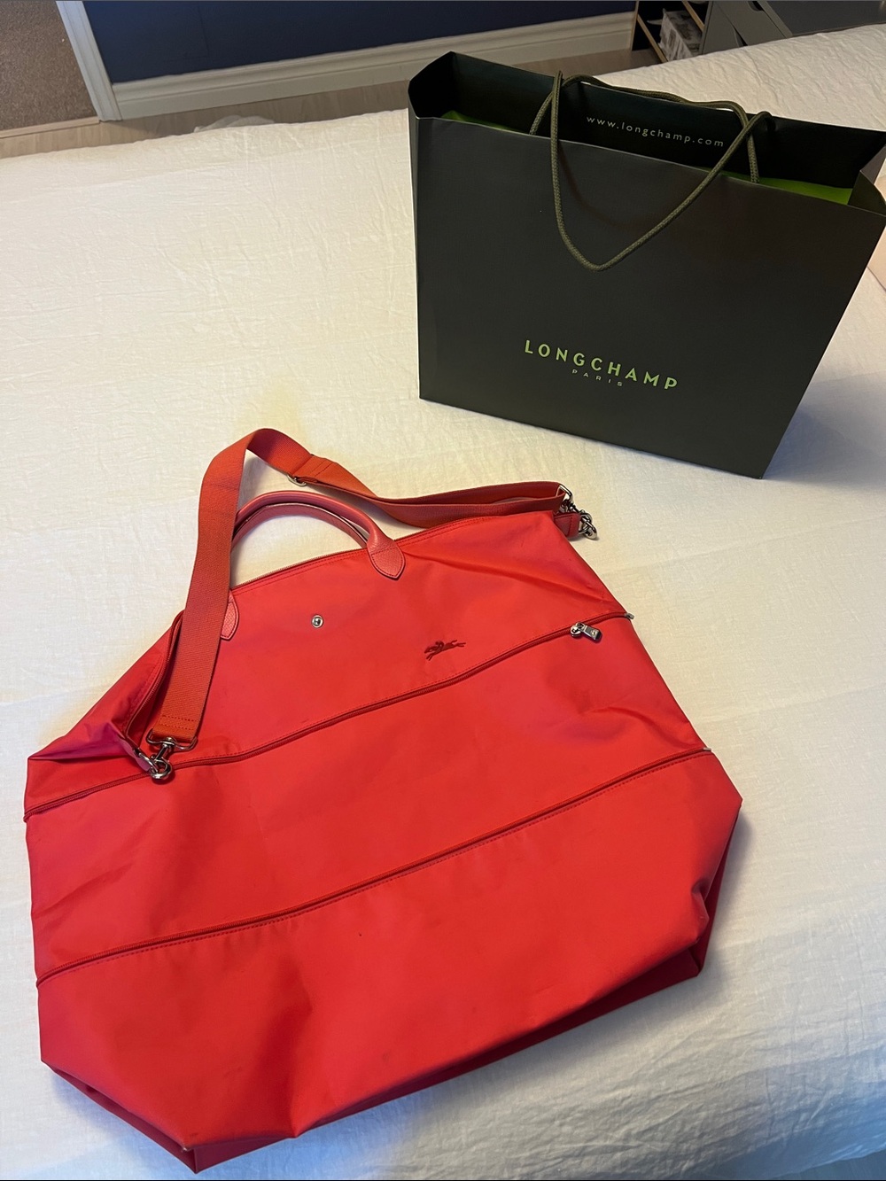 Longchamp Red Nylon Foldable Tote with Shoulder Strap